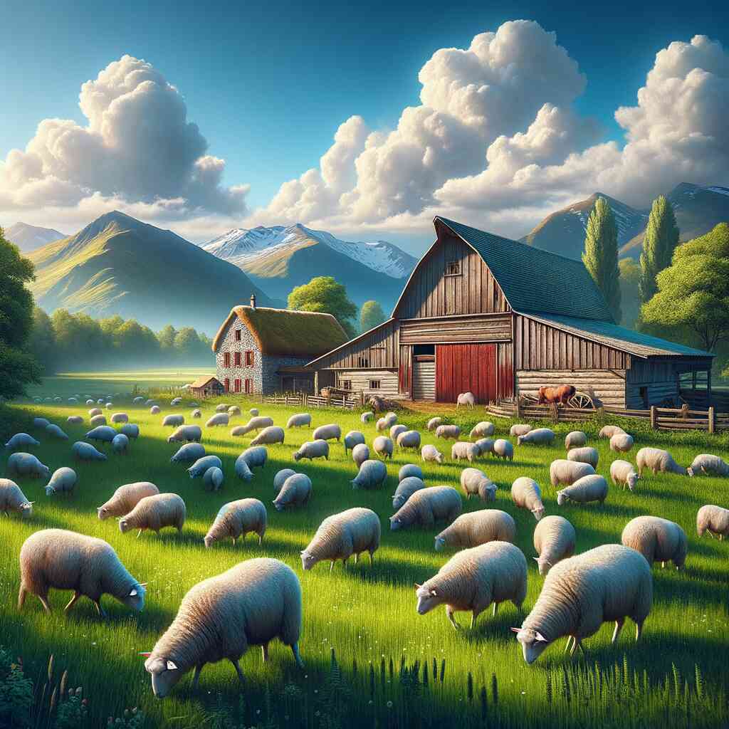 Paint by Numbers - Idyllic country life scene with sheep grazing in a lush green meadow near rustic farmhouses and majestic mountains.