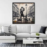 Paint by Numbers - Lovers in Paris mural showcasing a romantic kiss under a streetlamp, blending modern graphics with sepia tones for timeless romance.