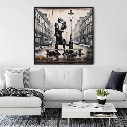 Paint by Numbers - Lovers in Paris mural showcasing a romantic kiss under a streetlamp, blending modern graphics with sepia tones for timeless romance.