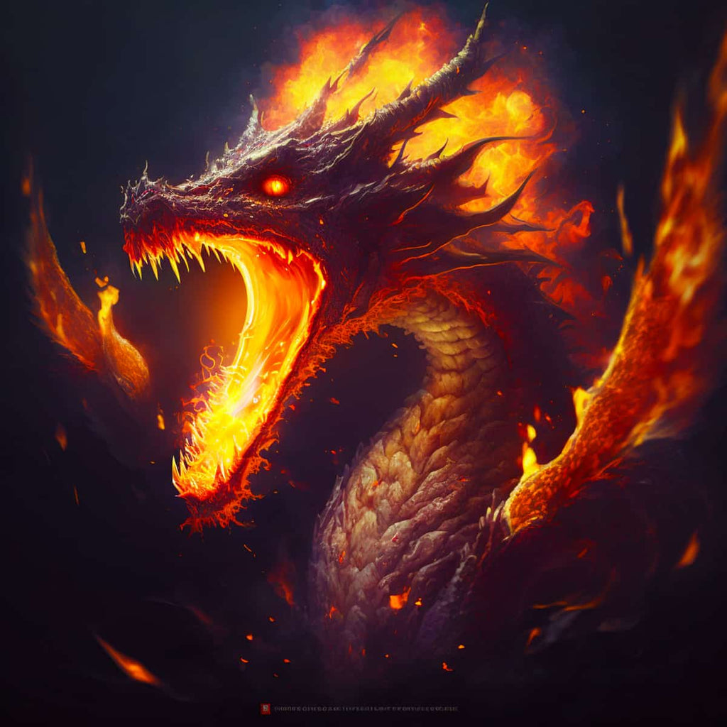 Fiery dragon illustration from Diamond Painting Kit, Dragon World - Paint by Numbers for sparkling artwork.