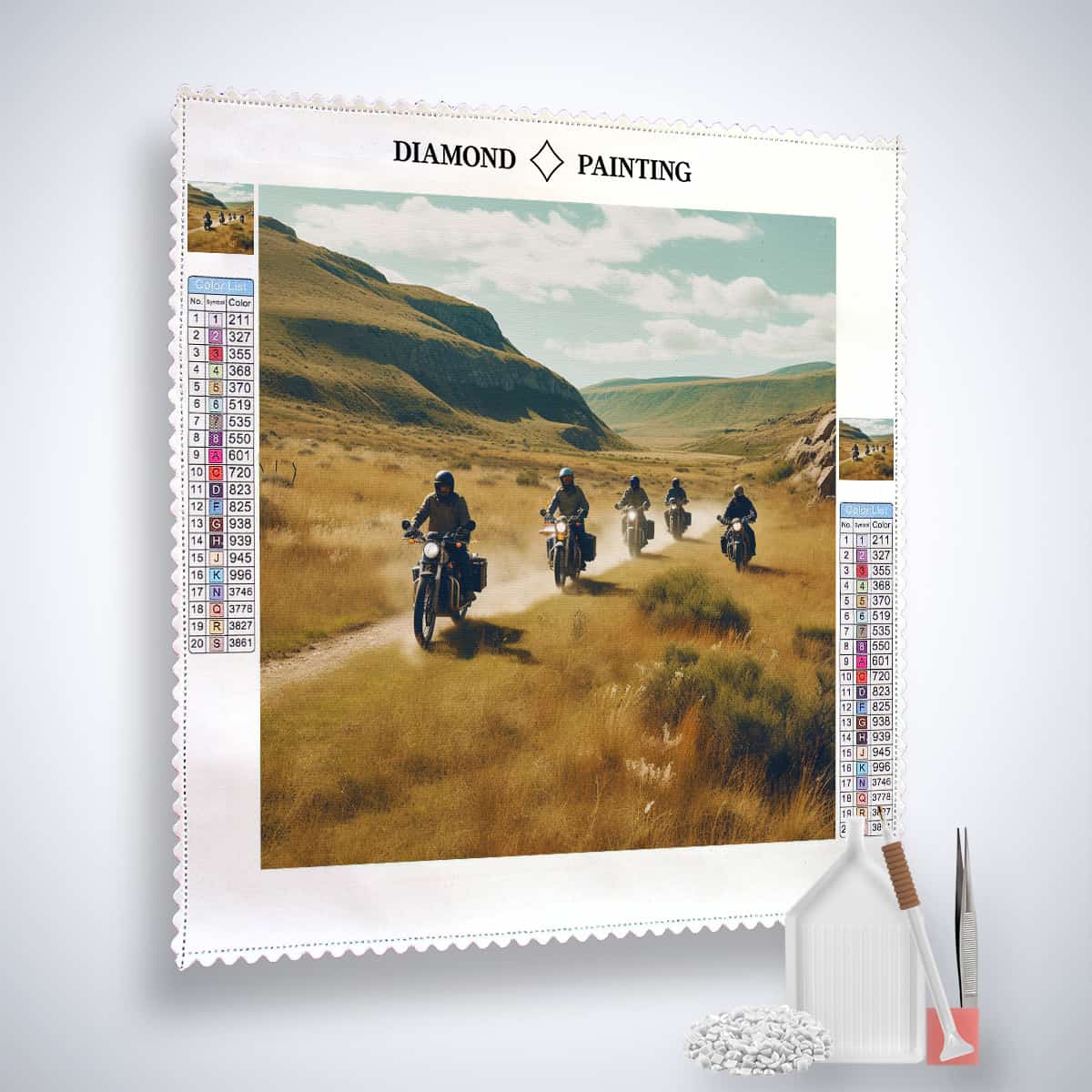 Diamond Painting Kit - Freedom on Two Wheels showing landscape with motorcyclists, paint by numbers, acrylic diamonds, tweezers, and pen.