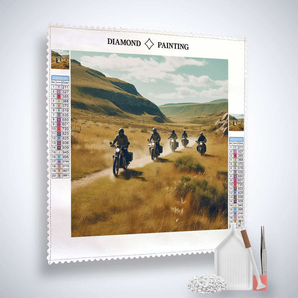 Diamond Painting Kit - Freedom on Two Wheels showing landscape with motorcyclists, paint by numbers, acrylic diamonds, tweezers, and pen.