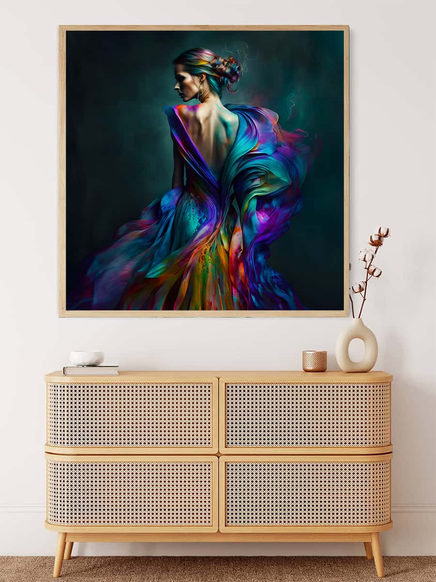 AB Diamond Painting - Frau mit buntem Kleid auf schwarzem Hintergrund - gedruckt in Ultra-HD - AB Diamond, Menschen, Neu eingetroffen, Quadratisch
