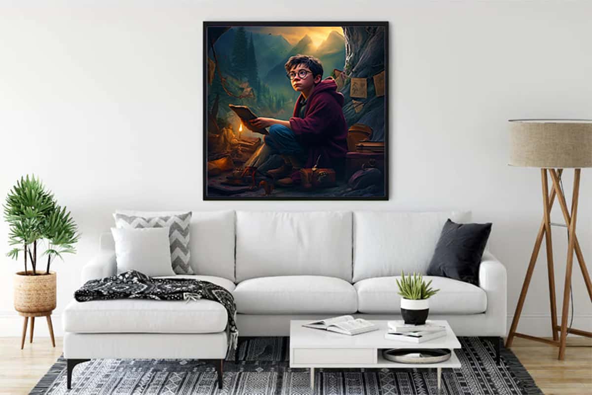 Diamond Painting - Boy in Cave Wall Art Displayed in Modern Living Room. Paint by Numbers Kit with Enhanced Acrylic Diamonds.