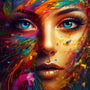 Vivid diamond painting kit featuring a colorful woman's face with expressive blue eyes for a Paint by Numbers project.