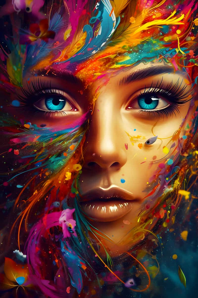 Vivid diamond painting kit featuring a colorful woman's face with expressive blue eyes for a Paint by Numbers project.
