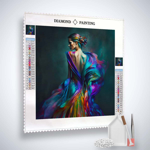 AB Diamond Painting - Frau mit buntem Kleid auf schwarzem Hintergrund - gedruckt in Ultra-HD - AB Diamond, Menschen, Neu eingetroffen, Quadratisch