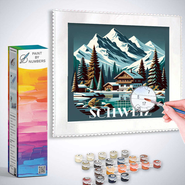 Paint by Numbers - Alpine Dreams kit showing a stunning chalet amidst rugged mountains and forests, emphasizing tranquility and adventure.