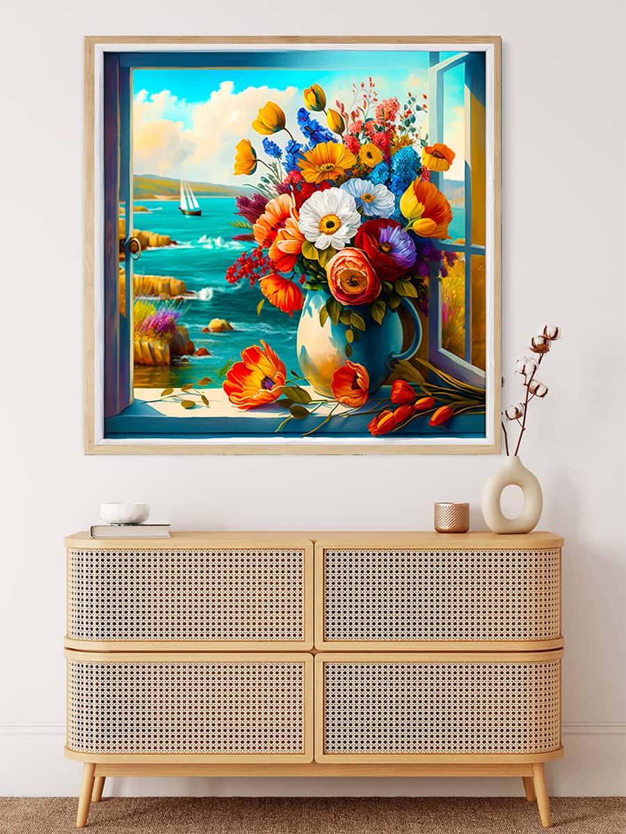 Diamond Painting Kits - Flower Arrangement by the Sea, DIY Paint by Numbers Craft Kit with Colorful Flowers and Ocean View