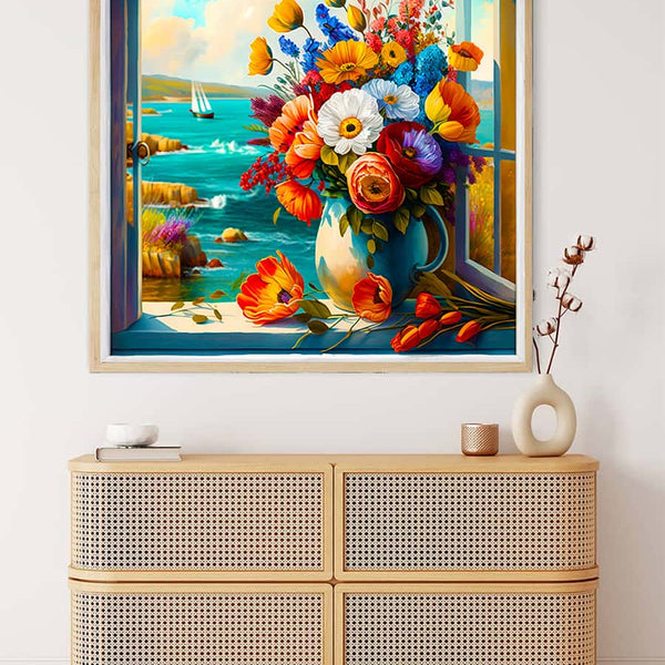 Diamond Painting Kits - Flower Arrangement by the Sea, DIY Paint by Numbers Craft Kit with Colorful Flowers and Ocean View