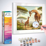 Paint by Numbers - Magic of the Savannah featuring a mother and baby giraffe on the savannah, highlighting the bond and nature's beauty