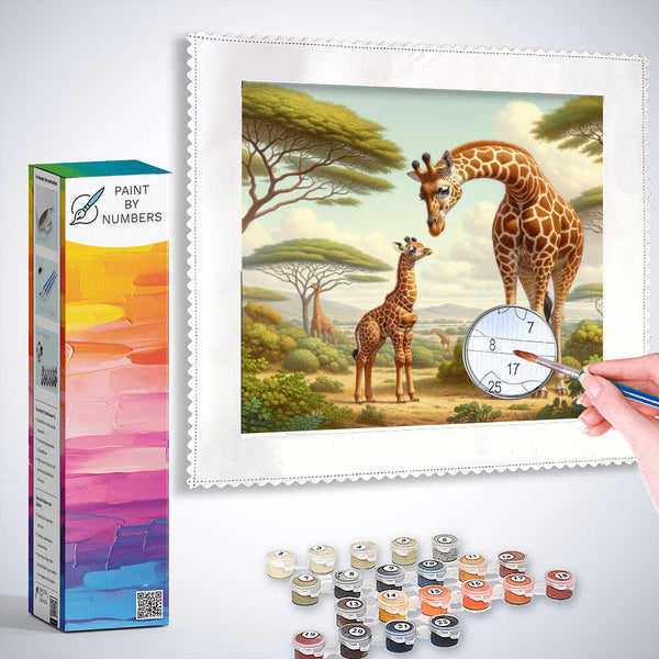 Paint by Numbers - Magic of the Savannah featuring a mother and baby giraffe on the savannah, highlighting the bond and nature's beauty