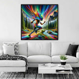 Paint by Numbers - Color Rush of Movement painting on living room wall with vibrant colors and dynamic runner in an enchanted forest setting