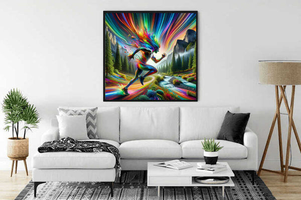 Paint by Numbers - Color Rush of Movement painting on living room wall with vibrant colors and dynamic runner in an enchanted forest setting