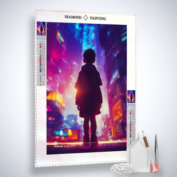 Diamond Painting Kit - Boy Looks at City, Includes Professional Canvas, Acrylic Diamonds, Fine Artist's Tweezers, and Application Pen. Paint by Numbers.