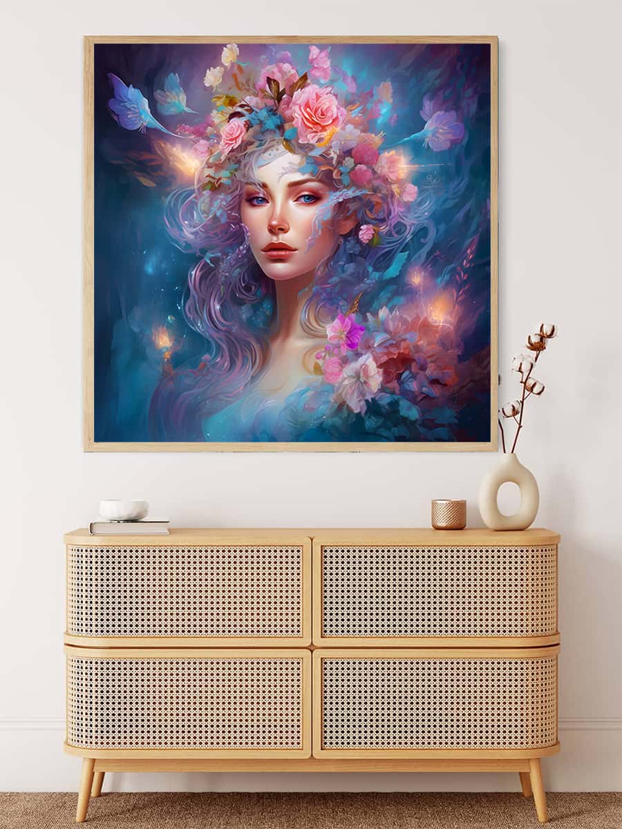 Diamond Painting - Woman with Flower Hair displayed above a modern cabinet. Paint by Numbers art kit.
