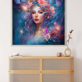 Diamond Painting - Woman with Flower Hair displayed above a modern cabinet. Paint by Numbers art kit.