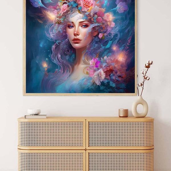 Diamond Painting - Woman with Flower Hair displayed above a modern cabinet. Paint by Numbers art kit.