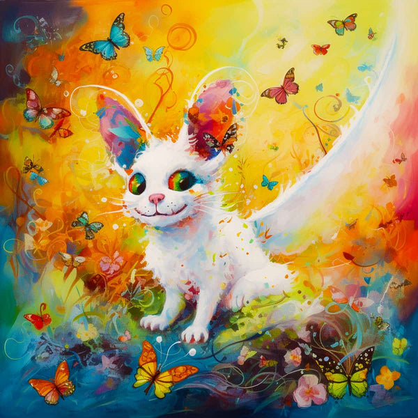 Whimsical painting of a white cat with colorful ears and butterflies in a vibrant, abstract background.