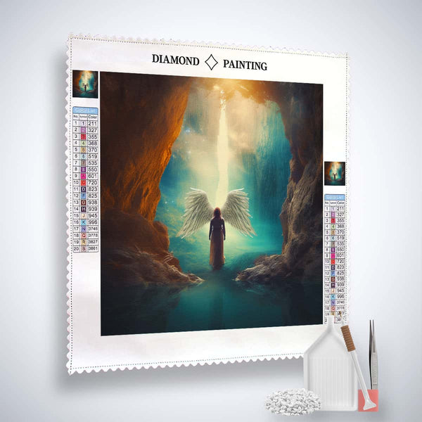 Diamond Painting - Angel Light Shine kit with canvas, acrylic diamonds, tweezers and application pen, perfect for Paint by Numbers enthusiasts.
