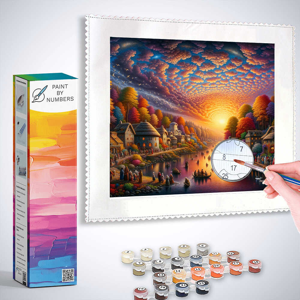 Paint by Numbers kit for "Evening splendor on the river bank" showing vibrant medieval village landscape with colorful forests and calm river.
