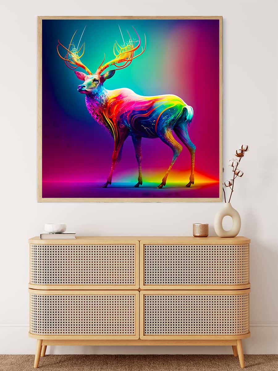 AB Diamond Painting Kit - Rainbow Deer in the Light hanging on wall above wooden dresser