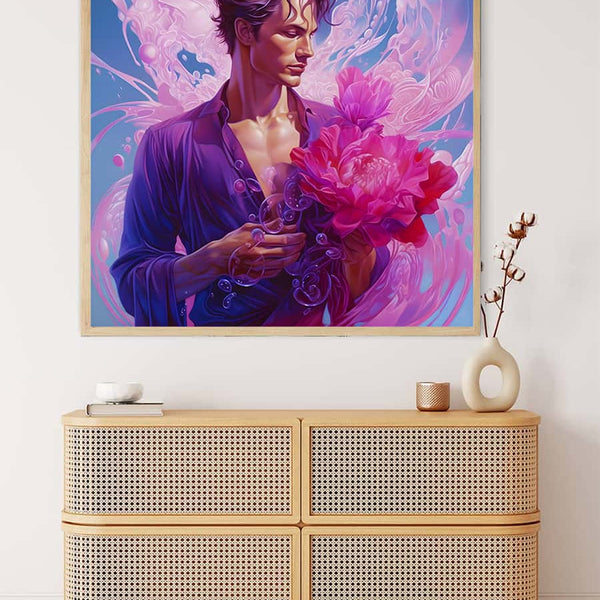 Diamond Painting - Loverboy: Elegant art piece featuring a romantic figure with vibrant flowers in hand, perfect for paint by numbers enthusiasts.