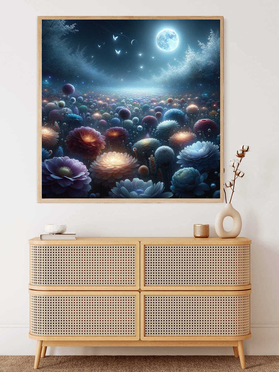 Paint by Numbers kit featuring a moonlit night in an enchanted forest with a flower-filled meadow, perfect for home decoration.