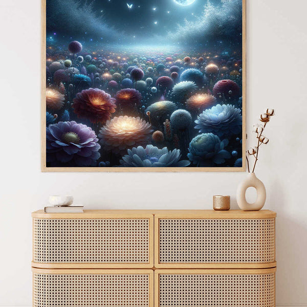 Paint by Numbers kit featuring a moonlit night in an enchanted forest with a flower-filled meadow, perfect for home decoration.