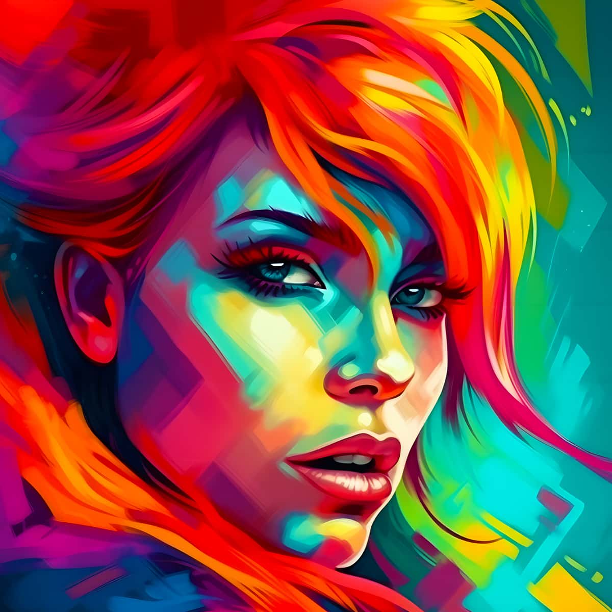 Vibrant abstract painting of a futuristic woman with colorful acrylic diamonds for Diamond Painting and Paint by Numbers kits