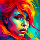 Vibrant abstract painting of a futuristic woman with colorful acrylic diamonds for Diamond Painting and Paint by Numbers kits