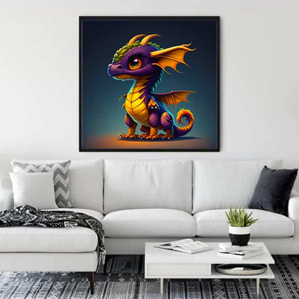 Diamond Painting - Dragon Land wall art in modern living room for Paint by Numbers enthusiasts. Vibrant dragon design on professional canvas.