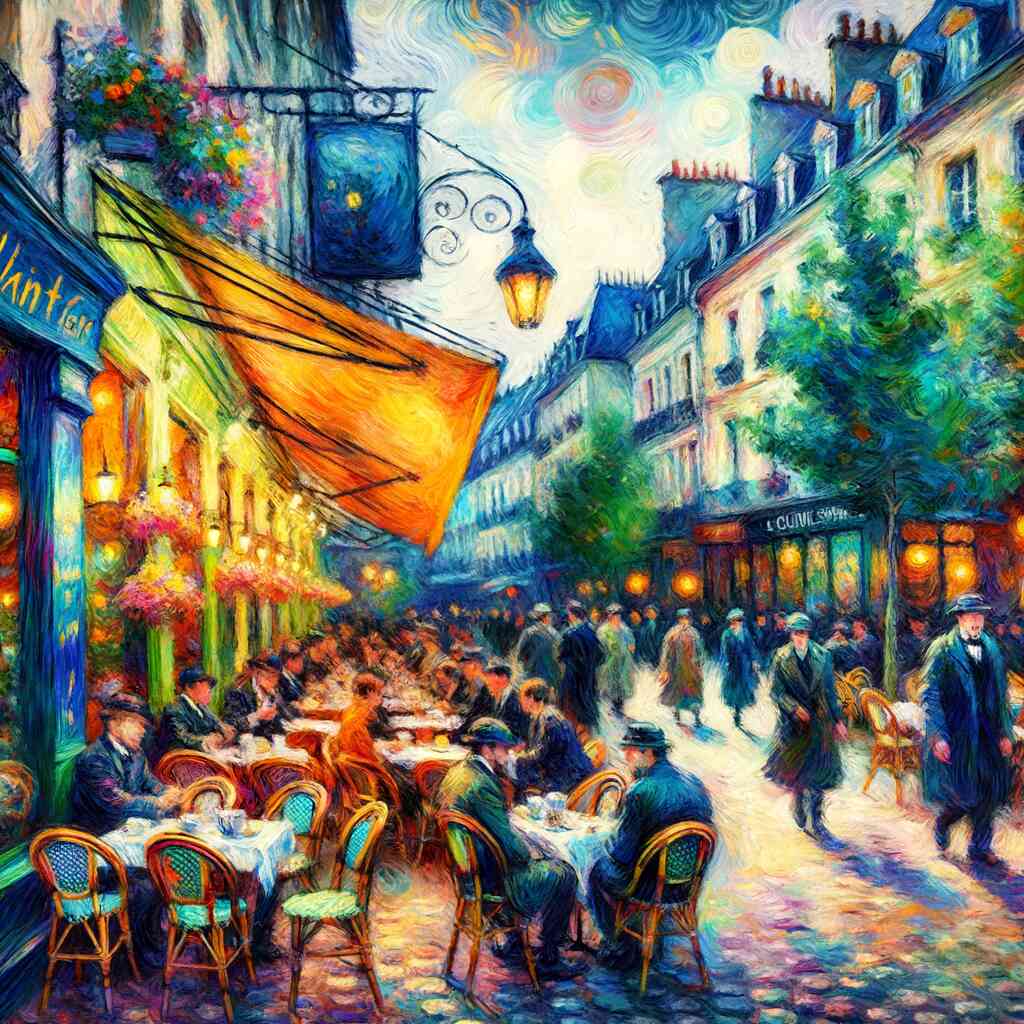 Paint by Numbers - Evening whispers on the terrace captures a lively café scene with warm hues, street lamps, and relaxed crowd at dusk.