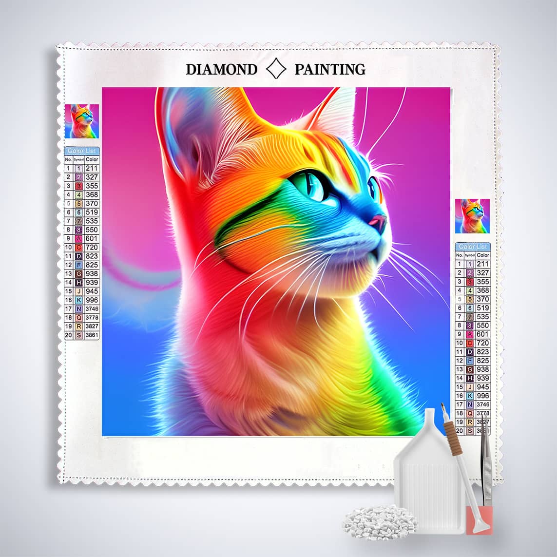 Diamond Painting - Rainbow Kitten with Paint by Numbers Kit including canvas, acrylic diamonds, tweezers, and application pen.