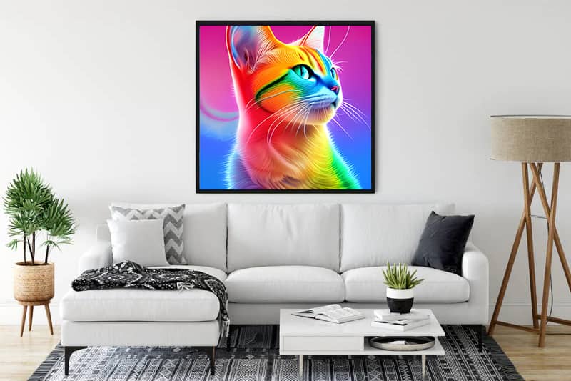 Diamond Painting - Rainbow Kitten artwork displayed in a modern living room. Paint by Numbers kit featuring a colorful cat.