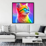 Diamond Painting - Rainbow Kitten artwork displayed in a modern living room. Paint by Numbers kit featuring a colorful cat.