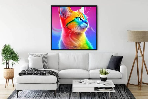 Diamond Painting - Rainbow Kitten artwork displayed in a modern living room. Paint by Numbers kit featuring a colorful cat.