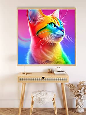 Vibrant Diamond Painting of a Rainbow Kitten Displayed Above a Desk - Paint by Numbers Kit Included