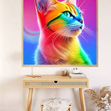 Vibrant Diamond Painting of a Rainbow Kitten Displayed Above a Desk - Paint by Numbers Kit Included