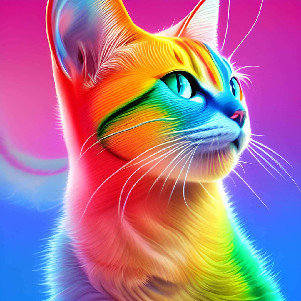 Vibrant rainbow kitten design for Diamond Painting - Paint by Numbers kit, showcasing bright multicolored fur and sparkling green eyes