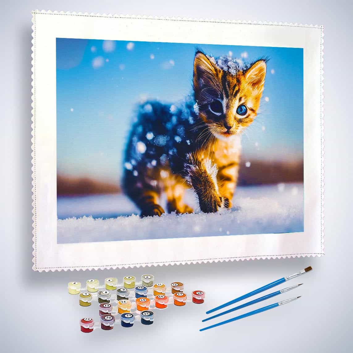 Malen nach Zahlen - Kätzchen im Schnee - hochwertige Leinwand - Horizontal, Katze, Tiere