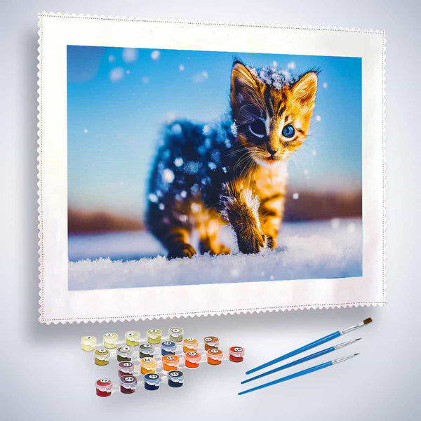 Malen nach Zahlen - Kätzchen im Schnee - hochwertige Leinwand - Horizontal, Katze, Tiere