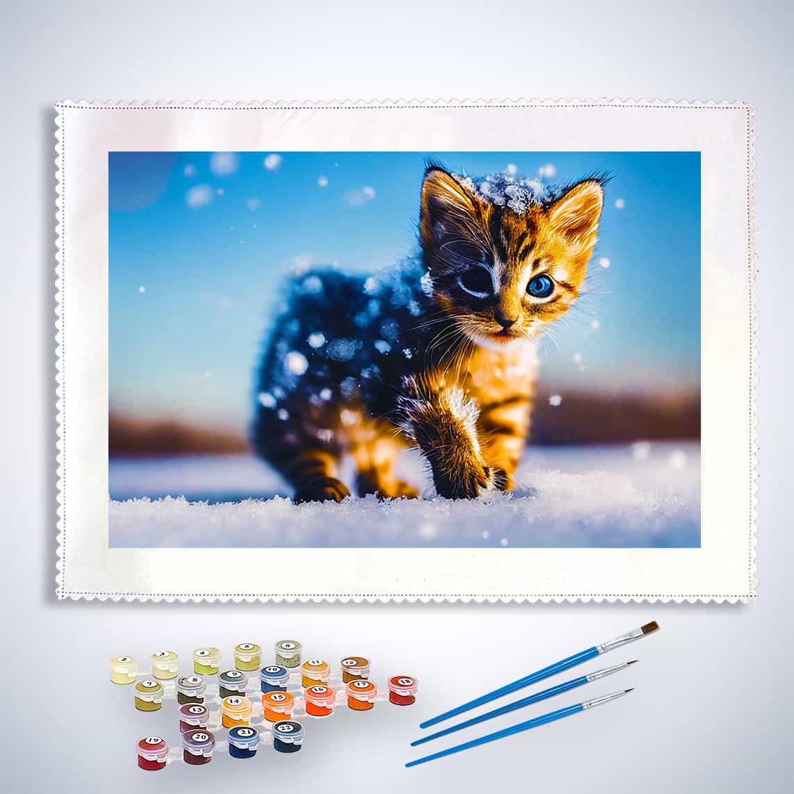 Malen nach Zahlen - Kätzchen im Schnee - hochwertige Leinwand - Horizontal, Katze, Tiere