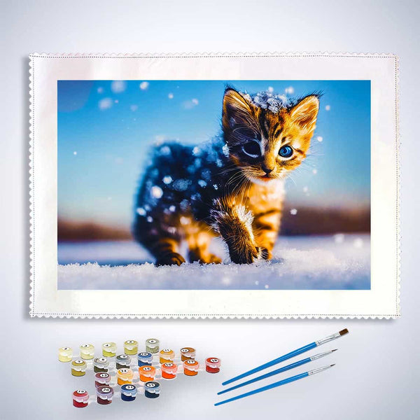 Malen nach Zahlen - Kätzchen im Schnee - hochwertige Leinwand - Horizontal, Katze, Tiere