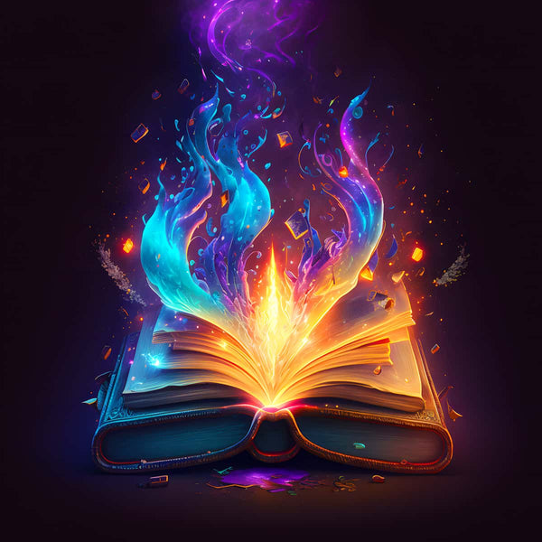 Vibrant diamond painting of a mystical open book with colorful flames and sparks, perfect for Paint by Numbers art enthusiasts.