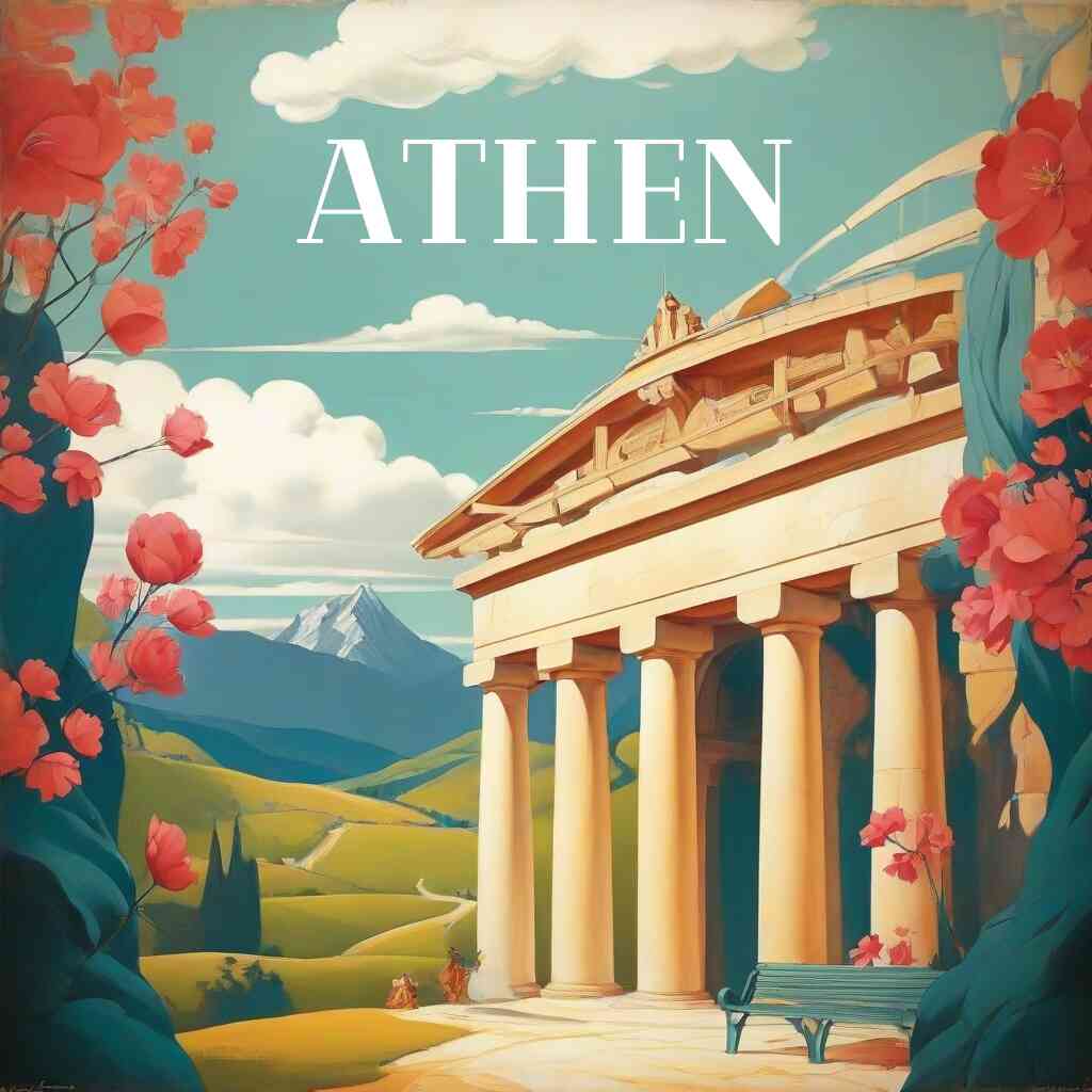 Paint by Numbers - Antike Eleganz featuring classical architecture and lush nature with pastel columns, pink flowers, and rolling hills in Athens scene.