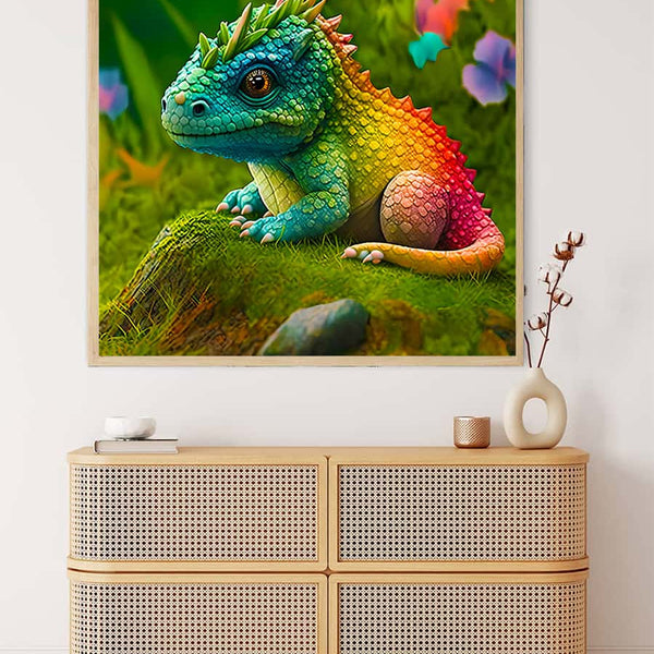 Malen nach Zahlen - Babydrache auf Wiese - hochwertige Leinwand - 170523, Drache, Fantasy, Neu eingetroffen, Quadratisch