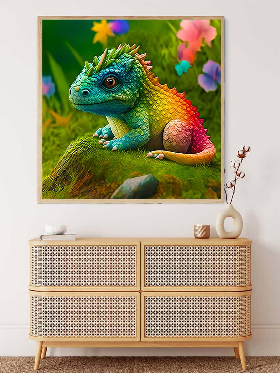 AB Diamond Painting - Baby Dragon on Meadow, Paint by Numbers Kit, Colorful Dragon Art on Canvas