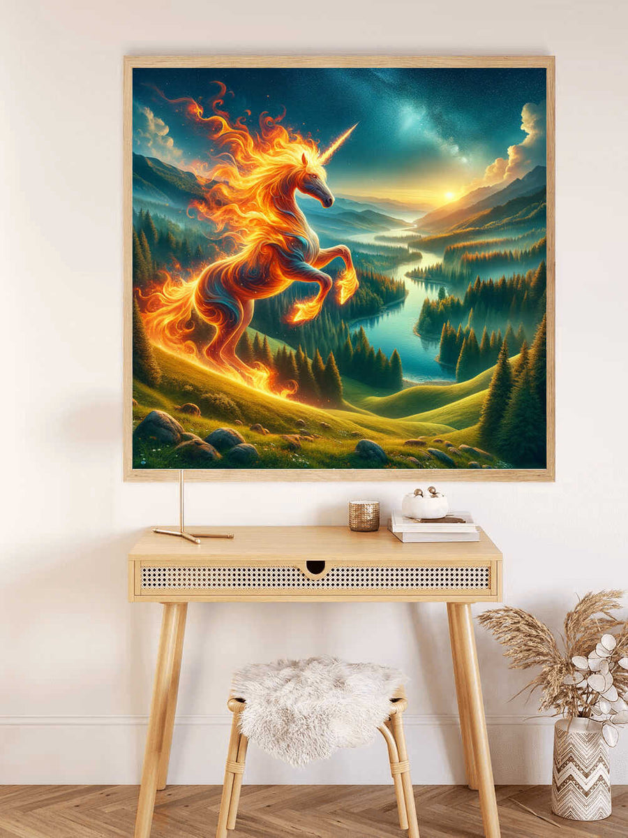 Paint by Numbers Fire Unicorn in a mythical landscape displayed above a desk and chair.