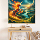 Paint by Numbers Fire Unicorn in a mythical landscape displayed above a desk and chair.